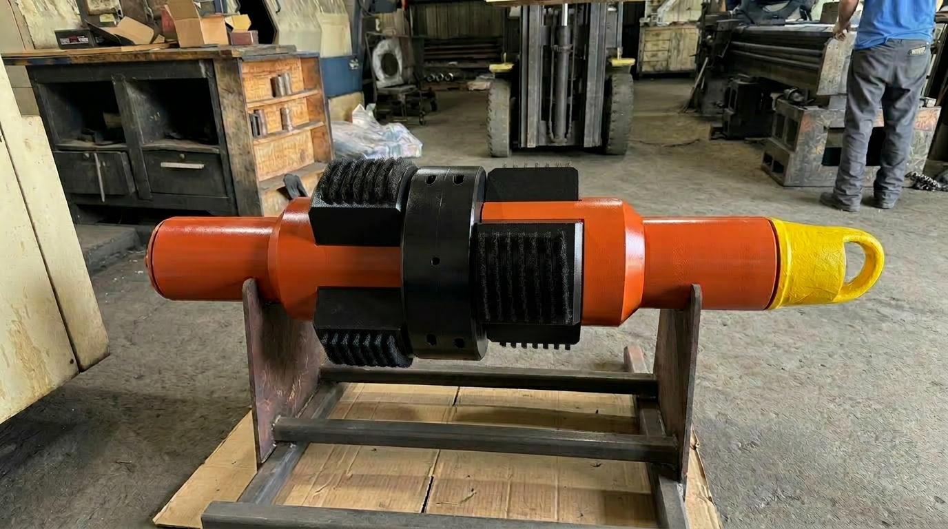 Casing brush on shop stand, orange body with stainless wire bristles